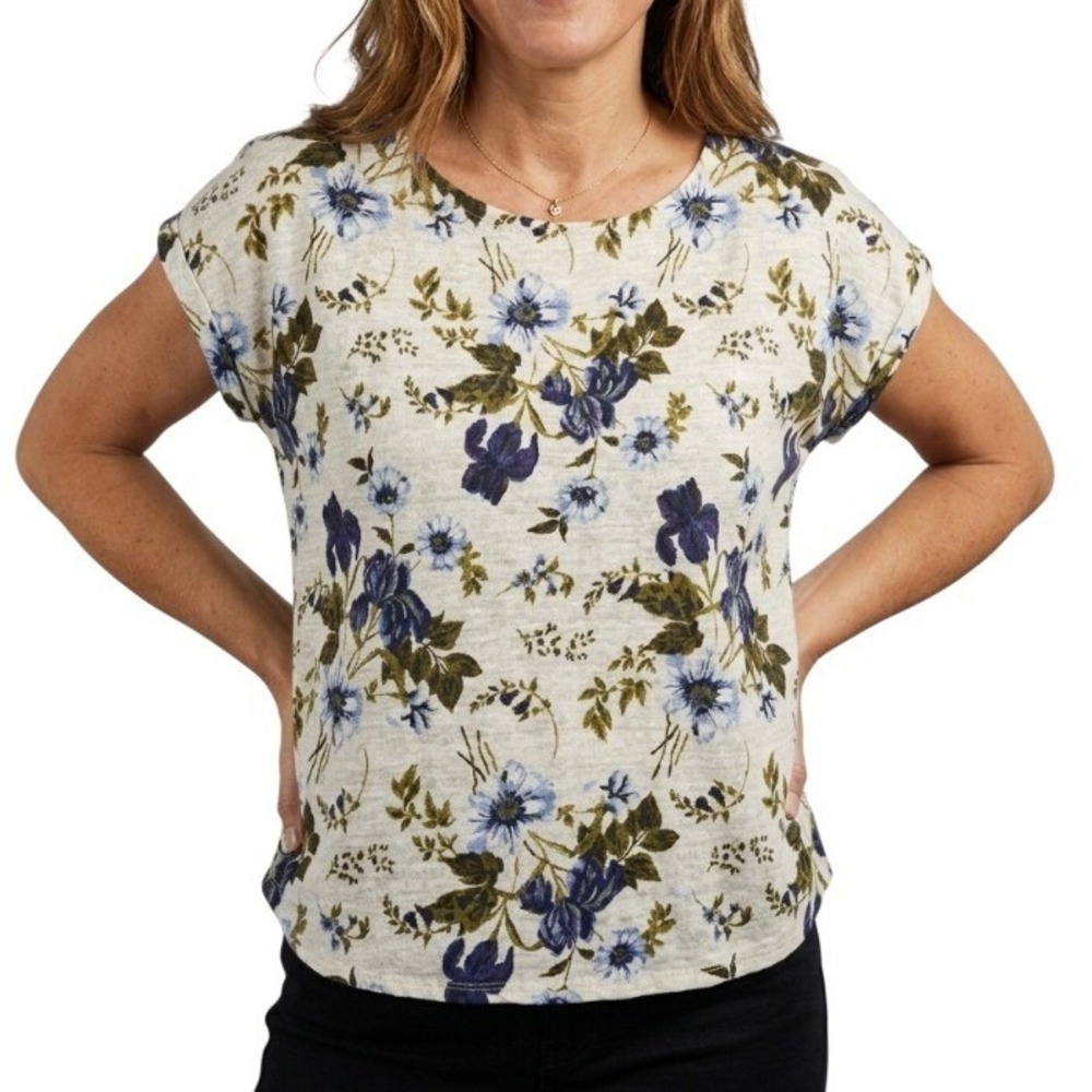 Cynthia Rowley Womens 100% Linen Floral Cap Sleeve Scoop Neck Top Cream Blue L